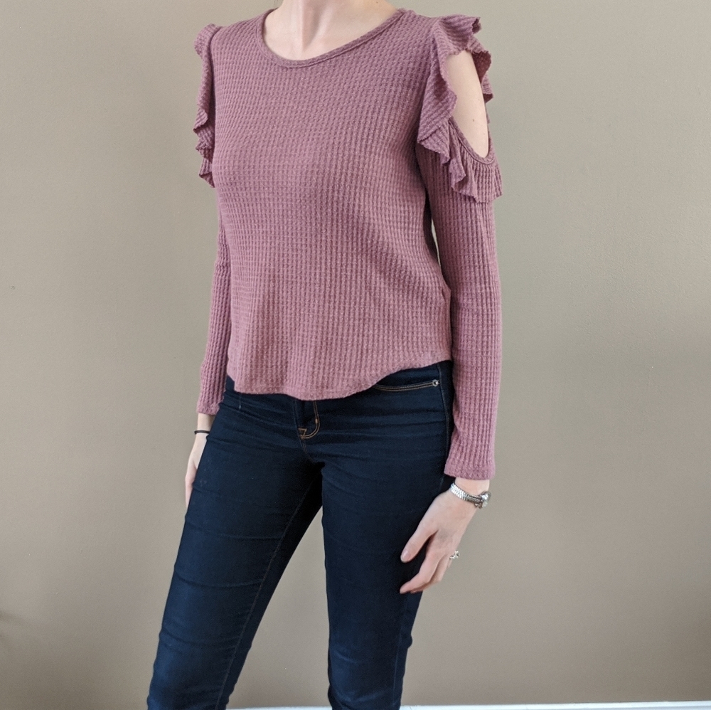 Paper Crane Waffle Knit off the shoulder ruffle